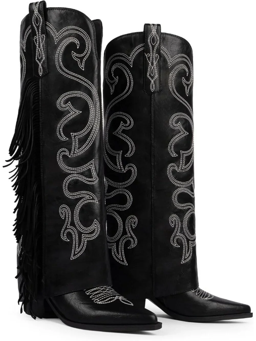 Women's Black Faux Leather Cowgirl Knee High Toe Chunky Heel Zipper Boot